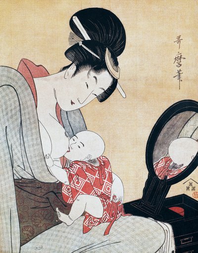 Mãe amamentando seu filho, ukiyo-e arte estampada por Kitagawa Utamaro (1753-1806), xilogravura, civilização japonesa, período Edo de Kitagawa Utamaro