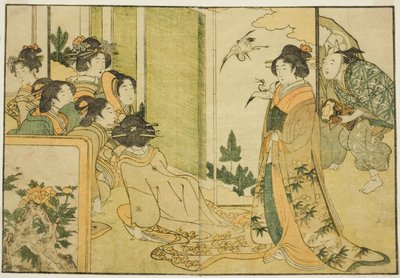 Atuação de Manzai de Ano Novo na Mansão de um Senhor Feudal, do livro ilustrado "Picture Book: Flores das Quatro Estações (Ehon shiki no hana)", vol. 1 de Kitagawa Utamaro