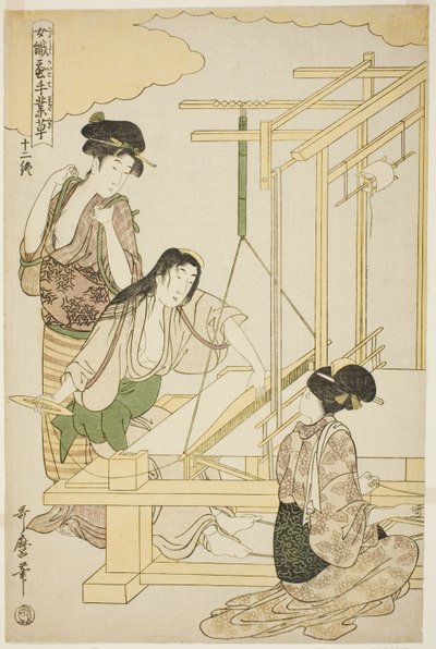 Nº 12 (juni), da série "Mulheres na Indústria da Sericultura (Joshoku kaiko tewaza-gusa)" de Kitagawa Utamaro