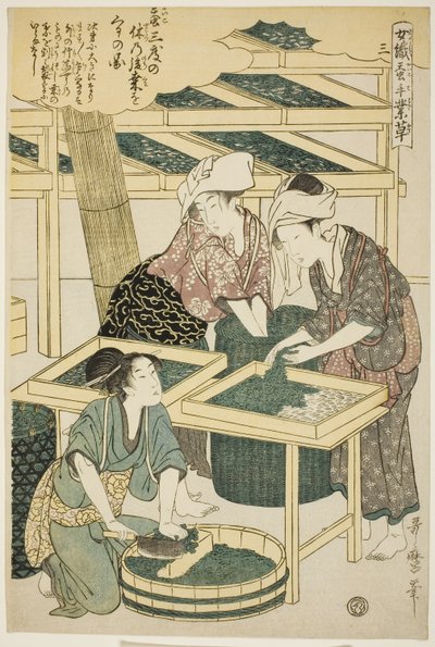 Nº 3 (san), da série "Mulheres engajadas na indústria da sericultura (Joshoku kaiko tewaza-gusa)" de Kitagawa Utamaro