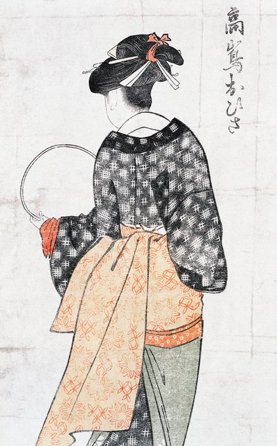 Ohisa da casa de chá Takashima, mulher em quimono com ventilador, estampa de arte ukiyo-e de Kitagawa Utamaro (1753-1806), xilogravura, civilização japonesa, período Edo de Kitagawa Utamaro
