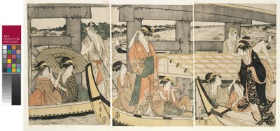 No topo e embaixo da ponte Ryogoku de Kitagawa Utamaro