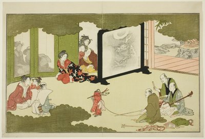 Performance de um macaco treinado, de uma antologia de poesia ilustrada intitulada "The Young God Ebisu (Waka Ebisu)" de Kitagawa Utamaro