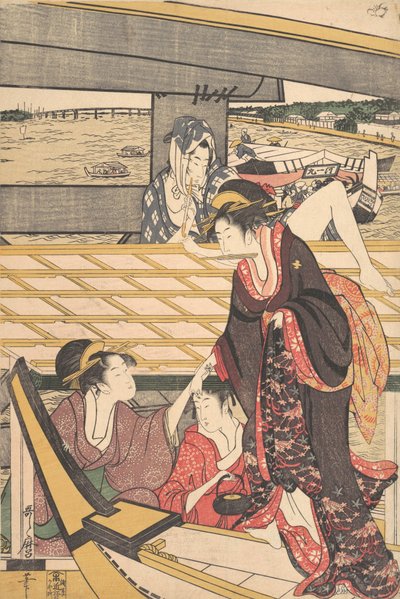 Festas de Prazer em Barcos no Rio Sumida, sob a Ponte Ryogoku, ca. 1796. de Kitagawa Utamaro