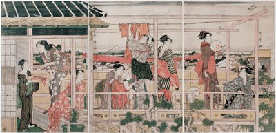 Sechage des vetements - Sechage Clothes par Utamaro, Kitagawa (1753-1806), c. 1790 - Lenha colorida, 37,3x75,8 - Coleção Particular de Kitagawa Utamaro