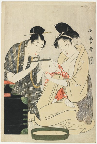 Barbeando a Cabeça de um Menino, Período Edo, c.1801 (impressão em xilogravura colorida) de Kitagawa Utamaro