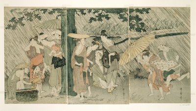 Protegendo-se de um banho repentino de Kitagawa Utamaro