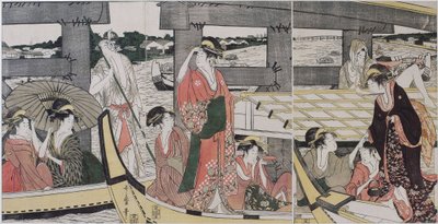 Por cima e por baixo da Ponte Ryogoku (Tóquio) - Por cima e por baixo da Ponte Ryogoku de Utamaro, Kitagawa (1753-1806), c. 1796 - Lenha colorida, 38,2x74,6 - Coleção Particular de Kitagawa Utamaro