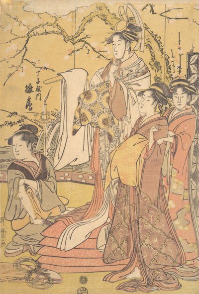 O Oiran Hinazuru de Chojiya em pé sobre uma pilha de Futon, ca. 1794. de Kitagawa Utamaro