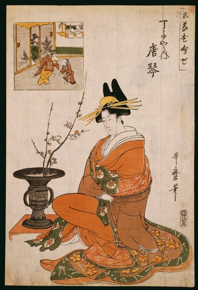 A cortesã, Karakoto do Chojiya, sentada por um arranjo de flores de ameixa de Kitagawa Utamaro