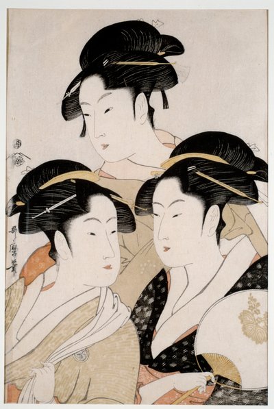Três belezas do nosso tempo. Impressão japonesa de Utamaro Kitagawa (1753 - 1806) estilo Ukiyo-E, cerca de 1794. Paris, Musee Guimet de Kitagawa Utamaro