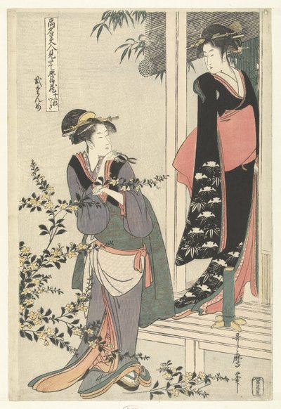 Duas mulheres por um arbusto de yamabuki florido: o segundo acto.
Nidanme (título sobre o objecto)
Paródia de Chushingura por belezas reconhecidas. (título da série)
Komei bijin mitate Chushingura (título da série sobre o objecto) de Kitagawa Utamaro