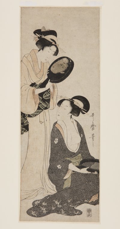 Duas damas, cada uma com uma porção de um espelho lacado (impressão a cores em bloco de madeira) de Kitagawa Utamaro