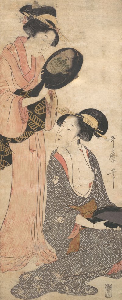 Duas damas, cada uma com uma porção de um espelho lacado, 1790s. de Kitagawa Utamaro