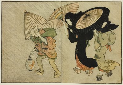 Two Women and Attendant Caught in a Storm, do livro ilustrado "Livro de Imagens: Flores das Quatro Estações (Ehon shiki no hana)", vol. 2 de Kitagawa Utamaro