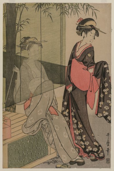 Duas mulheres por um cego de bambu, c. 1797 ou 1798. de Kitagawa Utamaro