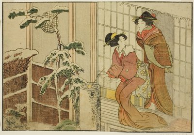 Duas mulheres na varanda em uma manhã de neve, do livro ilustrado "Livro ilustrado: Flores das quatro estações (Ehon shiki no hana)", vol. 2 de Kitagawa Utamaro