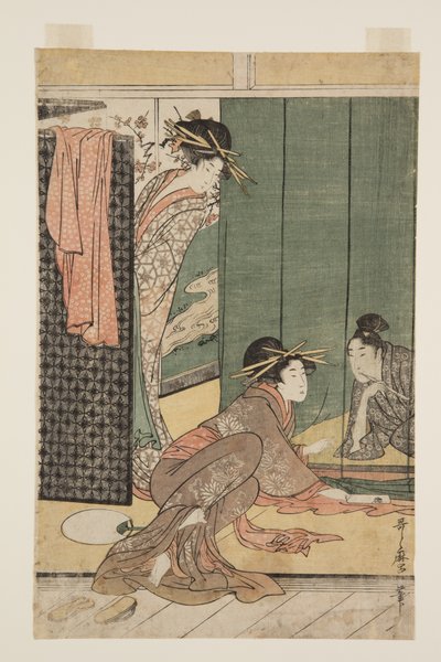 Duas cortesãs e um jovem debaixo de uma rede mosquiteira (impressão a cores de um bloco de madeira) de Kitagawa Utamaro