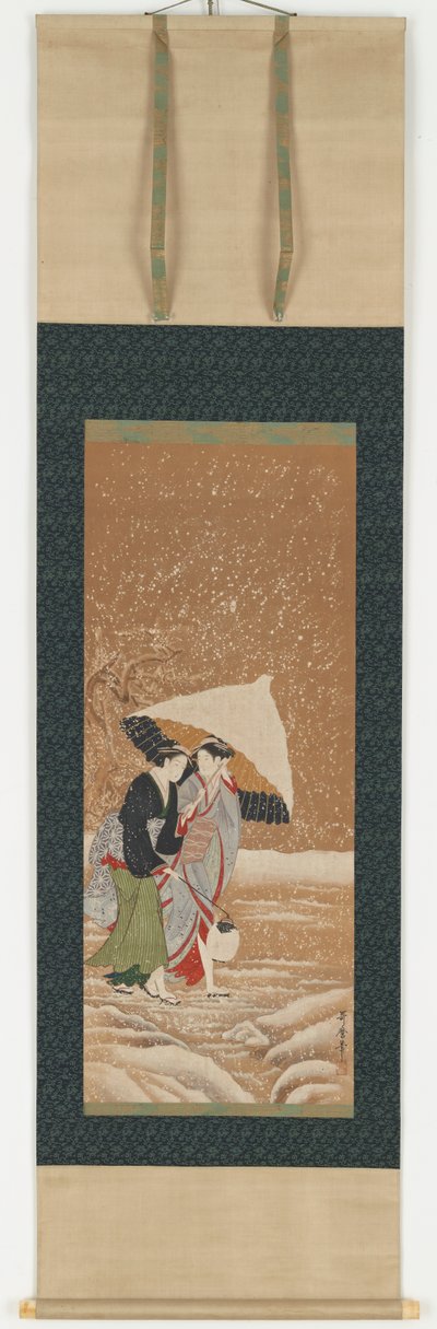 Duas garotas sob guarda-chuva na tempestade de neve, 1753-1806. de Kitagawa Utamaro