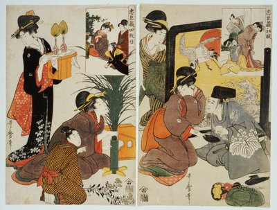Duas cenas da série "Loyal League", retratando a vida cotidiana de uma família do período Edo de Kitagawa Utamaro