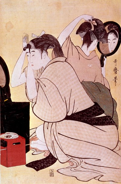 Duas mulheres têm seus penteados: uma olha para si mesma na miroi enquanto a outra pentes estampa japonesa de Utamaro Kitagawa (1753-1806). Sol. 0,38x0,25 m. 1794-1795. Paris, Museu Guimet, Museu Nacional de Artes Asiáticas. de Kitagawa Utamaro