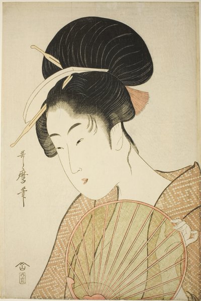 Mulher segurando um leque redondo de Kitagawa Utamaro