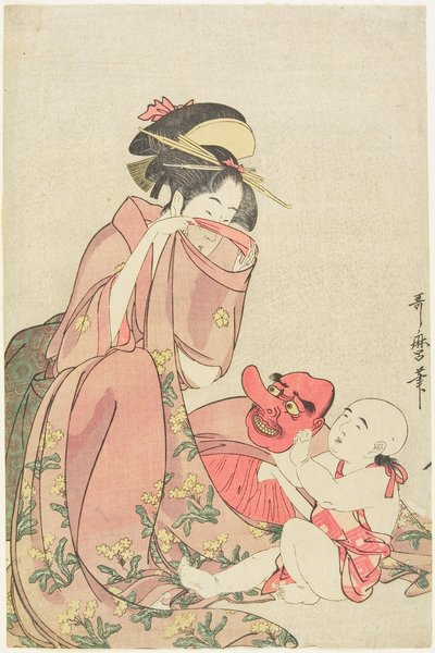 Mulher a brincar com uma criança com uma máscara de tengu de Kitagawa Utamaro
