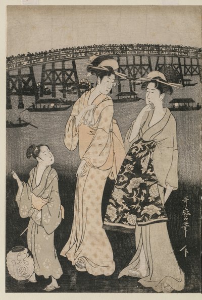 Mulheres curtindo a noite fresca perto da ponte Ryogoku de Kitagawa Utamaro