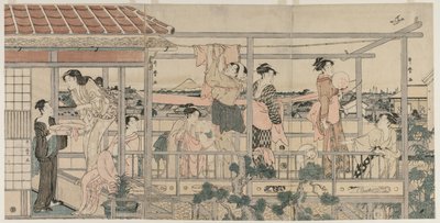Mulheres penduradas para secar na varanda de Kitagawa Utamaro