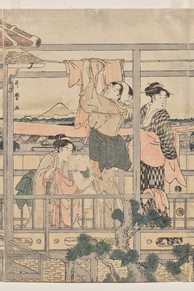 Mulheres penduradas para secar na varanda de Kitagawa Utamaro