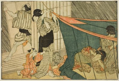 Mulheres dentro de uma rede mosquiteira durante uma tempestade, do livro ilustrado "Livro ilustrado: Flores das quatro estações (Ehon shiki no hana)", vol. 1 de Kitagawa Utamaro