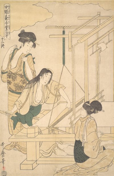 Mulheres tecendo panos de seda, ca. 1800. de Kitagawa Utamaro