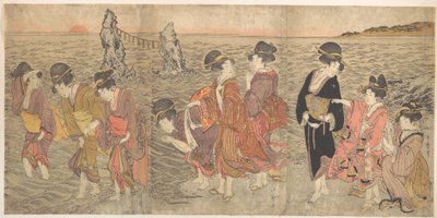 Mulheres a venerar o sol nascente entre as rochas gémeas em Ise de Kitagawa Utamaro