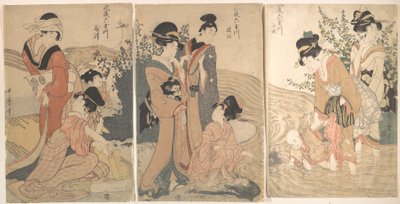 Mulheres e crianças nas margens de um ribeiro de Kitagawa Utamaro
