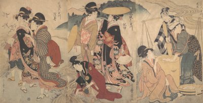 Mulheres e um homem no país, algum concurso, final do século 18 e início do século 19. de Kitagawa Utamaro