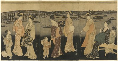 Mulheres assistindo fogos de artifício no rio Sumida de Kitagawa Utamaro