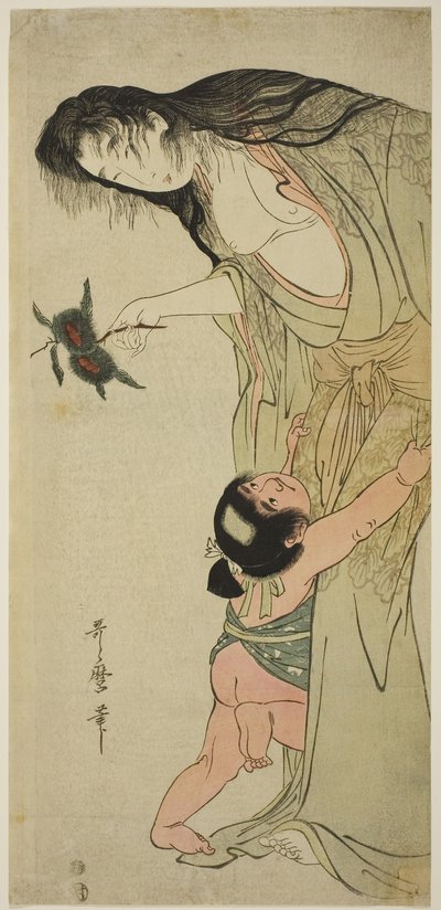 Yamauba segurando castanhas enquanto Kintaro as apanha, c.1804-5 (xilogravura a cores; naga-oban) de Kitagawa Utamaro