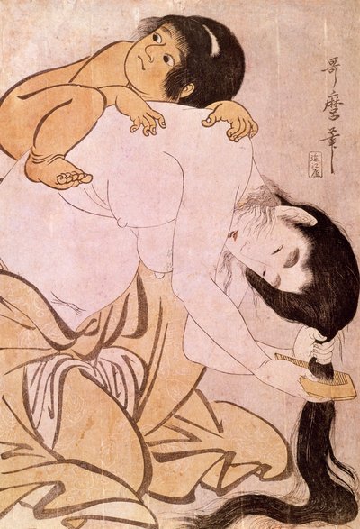 Yamauba e Kintoki A mãe pega no cabelo enquanto carrega o seu filho nas costas. Impressão japonesa de Utamaro Kitagawa (1753-1806). Século XVIII. Paris, Museu Guimet, Museu de Artes Asiáticas de Kitagawa Utamaro
