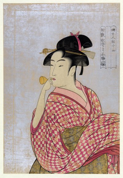 Mulher Jovem Soprando um Tubo de Vidro (poppin), da série Dez Tipos no Estudo Fisiognômico de Mulheres par Utamaro, Kitagawa (1753-1806), ca. 1792 - Lenha colorida, 38,9x27,5 - Coleção Particular de Kitagawa Utamaro