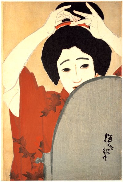 "Woman Adjusting Her Hair in Front of the Mirror", 1930 de Kitano Tsunetoni