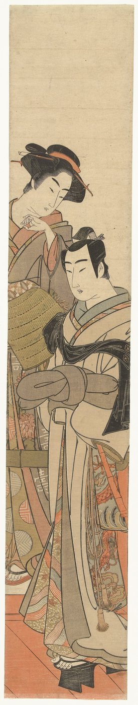 Uma mulher com um jovem disfarçado
Jovem com chapéu de vime e senhora de Kitao Masanobu (attributed to)