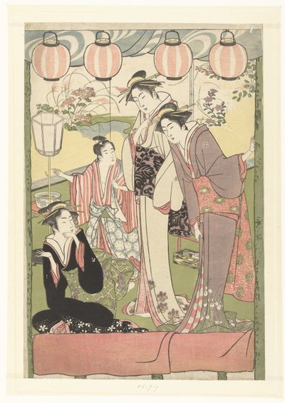 Três mulheres e um rapaz debaixo de lanternas de Kitao Masanobu (attributed to)