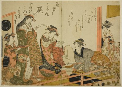 As cortesãs Utagawa e Nanasato do Yotsumeya, do álbum "Comparing New Beauties of the Yoshiwara - A Mirror of Their Own Writings (Keisei shin bijin awase jikihitsu kagami)" de Kitao Masanobu