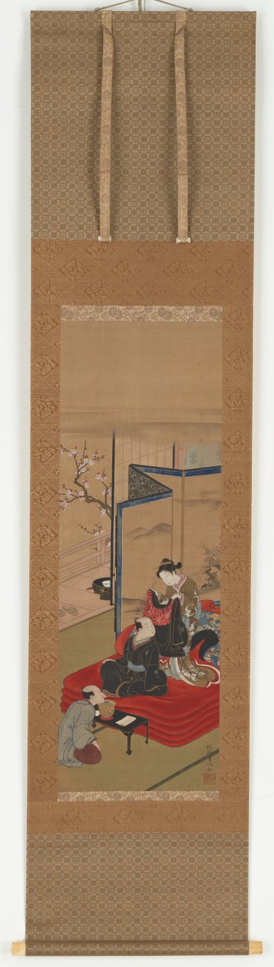 Uma cortesã que ajuda um homem a vestir-se, período Edo, meados do século XVIII - início do século XIX. de Kitao Shigemasa