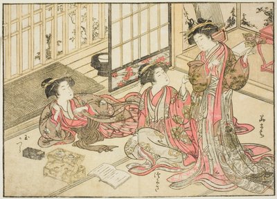 Cortesãs de Kado Daikokuya, do livro "Espelho de Belas Mulheres dos Bairros do Prazer (Seiro bijin awase sugata kagami)", vol. 2 de Kitao Shigemasa