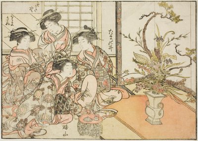 Cortesãs de Yotsumaya, do livro "Espelho de Belas Mulheres dos Bairros do Prazer (Seiro bijin awase sugata kagami)", vol. 2 de Kitao Shigemasa