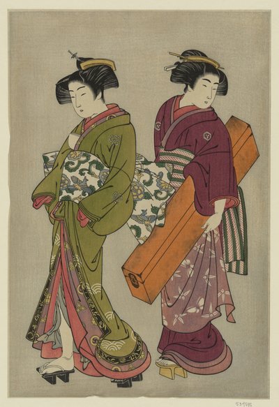 Kitao Shigemasa (1777) Gueixa e um criado com a sua caixa de shamisen de Kitao Shigemasa