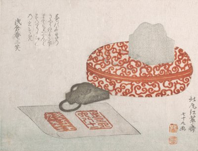 Selos e um Recipiente de Verniz Esculpido para Tinta de Vedação, 1817. de Kitao Shigemasa