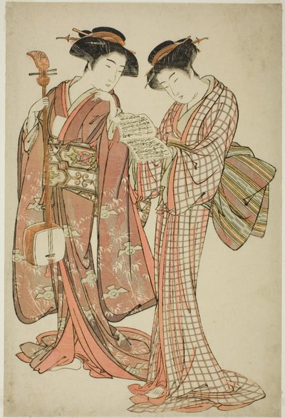 Duas Gueixas Segurando um Shamisen e um Livro de Canções de Kitao Shigemasa