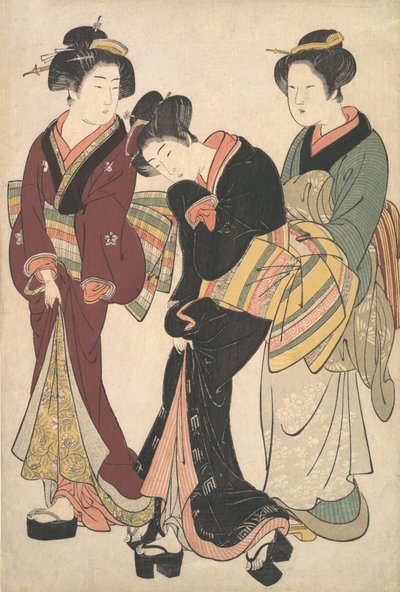 Duas gueixas e uma criada, ca. 1790. de Kitao Shigemasa